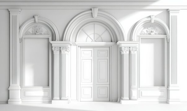 Vintage construction arc elements. Three-dimensional baroque Greek colonnade. Antique classic white door frame.