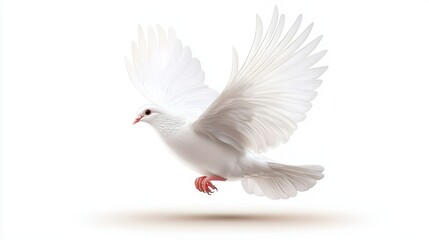 Fototapeta premium White dove with spread wings, mid-air with slight motion blur, delicate feather texture, realistic style, isolated on white background