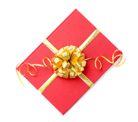 One book with golden bow as gift isolated on white, top view