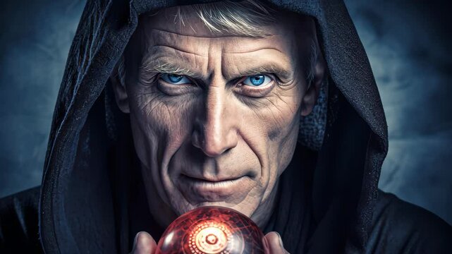 Intense brooding portrait of a gothic cult member in a glass robe with satanic symbols