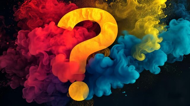 Colorful clouds surrounding a large question mark, vibrant abstract art. Mystery and creativity concept