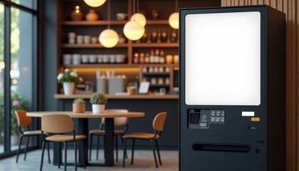 Modern black vending machine with blank white screen. Located next to cafe. Blank screen ideal for advertising. Customers buy food, drinks. Modern, minimalist design. Urban setting. Convenient retail