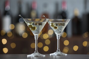 Martini cocktail with olives in glasses on wooden table against blurred background. Bokeh effect