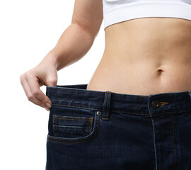 Weight loss. Woman wearing big jeans on white background, closeup