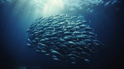 A Large School Of Fish Swimming In The Ocean Depths