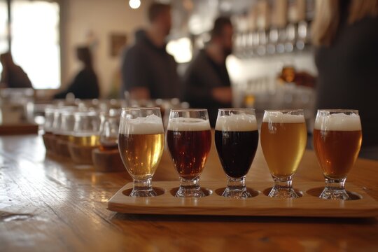 Group of friends at a craft brewery tasting flight captured during warm indoor lighting, with copy space