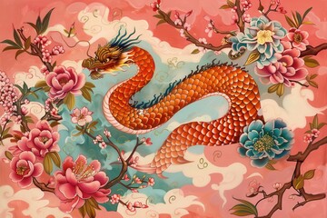 Colorful dragon surrounded by blooming flowers against a soft cloud background in a vibrant artwork
