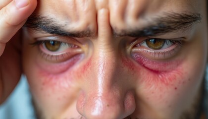 Close-up view of person experiencing eye pain. Redness, irritation visible around eyes. Person appears distressed. Potential causes include allergies, injury, infection. Image portrays discomfort,