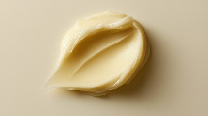 Creamy, pale yellow cosmetic smear on beige background.