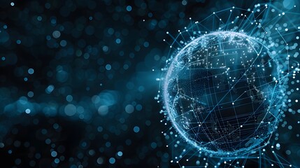 Obraz premium Digital globe with glowing lines and dots on a dark blue background with bokeh lights.