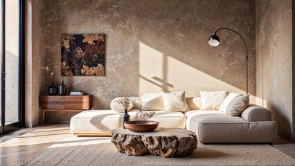 Fototapeta premium Generative AI, Modern living room with golden-hour lighting, organic textures, and earthy tones