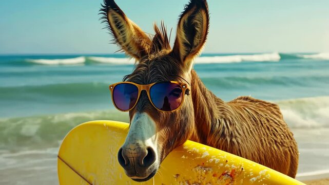 A cute donkey surfer enjoys a fun-filled summer day at the beach, riding waves with enthusiasm, Ai Generated.