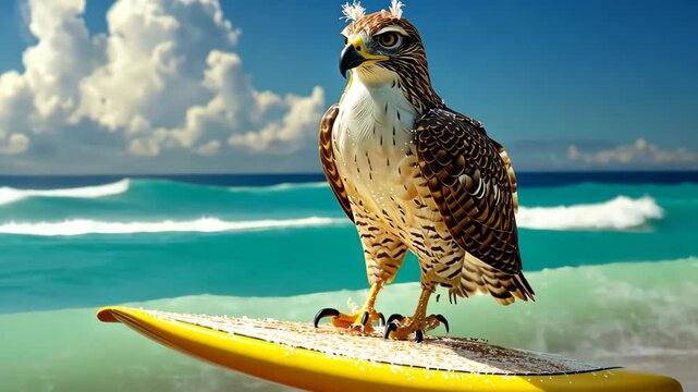 A cute hawk surfer enjoys a fun-filled summer day at the beach, riding waves with enthusiasm, Ai Generated.