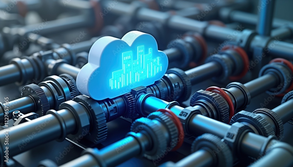 Aufkleber Futuristic illustration of Industry 4. 0 concept. Cloud computing system integrated into automated factory machinery. Networked devices control robotic systems, machinery in production process. Shows