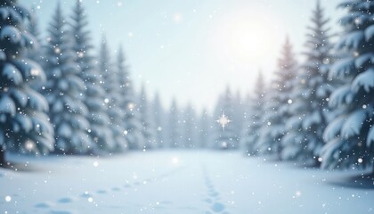 Winter wonderland scene shows snowy forest with snow falling. Soft light shines through snow-covered trees. Perfect for Christmas backdrop or holiday advertising. Peaceful and serene winter idyll.