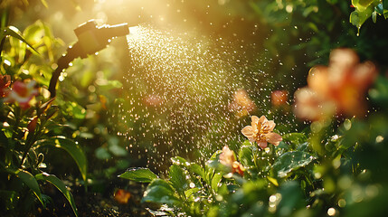 sprinkler watering lush garden with vibrant flowers and sunlight. scene captures beauty of nature and joy of gardening