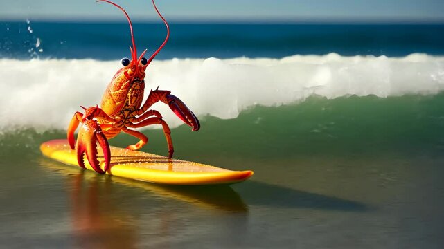 A cute lobster surfer enjoys a fun-filled summer day at the beach, riding waves with enthusiasm, Ai Generated.