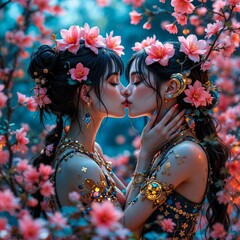 Beautiful Asian women kissing with sakura blossom in the garden.