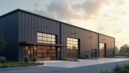 Obraz premium Modern warehouse with small office unit. Exterior design shows industrial style. Large glass garage doors. Landscaping around building. Exterior dark gray metal. Building located outdoors. Dusk dawn