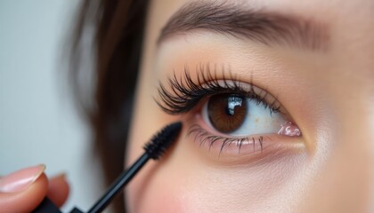 Close-up view of a woman applying mascara to her long eyelashes. Asian woman with beautiful brown eyes. Makeup application detail. Beauty photo. Cosmetics for daily makeup.