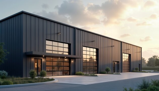 Modern warehouse with small office unit. Exterior design shows industrial style. Large glass garage doors. Landscaping around building. Exterior dark gray metal. Building located outdoors. Dusk dawn