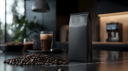 Black coffee bag mockup on kitchen counter with beans and espresso.