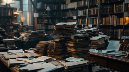 Obraz premium Stacks of documents on a cluttered desk symbolize overwhelming bookkeeping tasks.