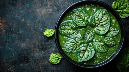 Obraz premium Creamy spinach soup in a black bowl.