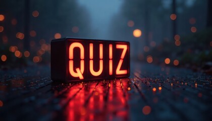Red illuminated sign showing QUIZ on dark surface. Dark background with bokeh lights. Rainy or wet surface. The scene suggests a quiz or test taking place. A fun atmosphere is implied.