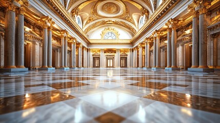 Obraz premium gold-adorned palace hall, polished marble floors, high ceilings, intricate decor, luxurious royal setting, isolated on white background