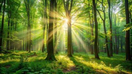 Obraz premium Lush green forest with sun rays filtering through the trees, creating a summer wonderland, Summer, Wonderland, Forest, Green