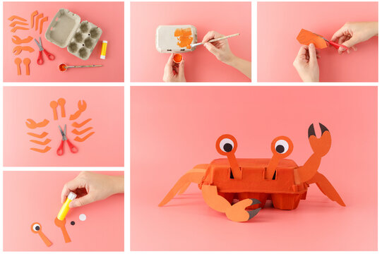 Step-by-step tutorial for making a crab craft from an egg carton and paper on a pink background. DIY children project and creative activity. Studio photography. Educational and fun craft concept,