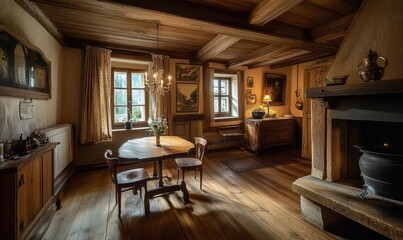 Weihanchtliche Stimmung in einem Kaminzimmer mit Holztisch im Vorderbgrund