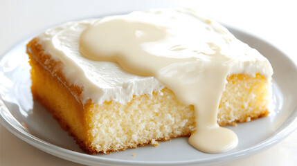 delicious tres leches cake with creamy topping on white plate, perfect for dessert lovers