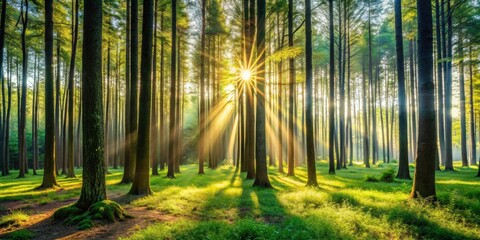 Obraz premium Beautiful forest panorama with large trees and bright sun , nature, landscape, scenery, trees, sunlight, outdoors