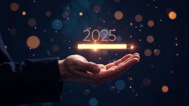 Hand touch loading status bar will change to 2025 for Merry Christmas and Happy New Year countdown by technology concept, start new business and new life. Business greeting card, holiday advertising