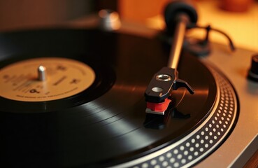 Vintage turntable with vinyl record under soft ambient light. Classic music player plays old...