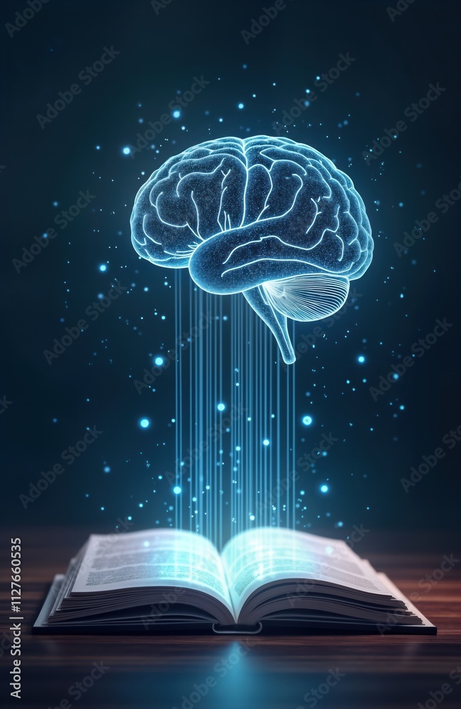 Poster futuristic illustration of digital brain connected to open book. light beams stream from brain into 