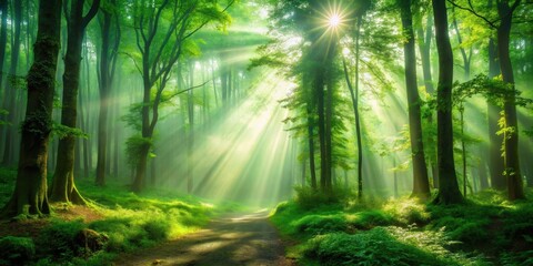 Obraz premium Enchanting sunlight filtering through a thick green fog in a mystical forest, sunlight, enchanting, green, foggy, forest, mystical