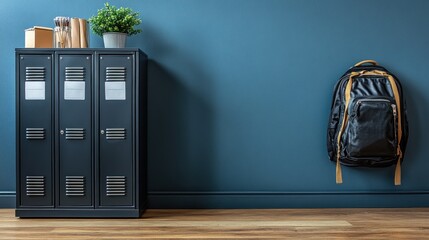 Dark blue wall with lockers, backpack, and plants.