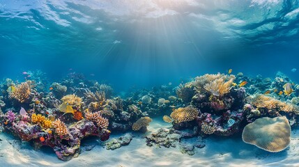 Fototapeta premium Vibrant Coral Reef Ecosystem Undersea Sunlight Scene