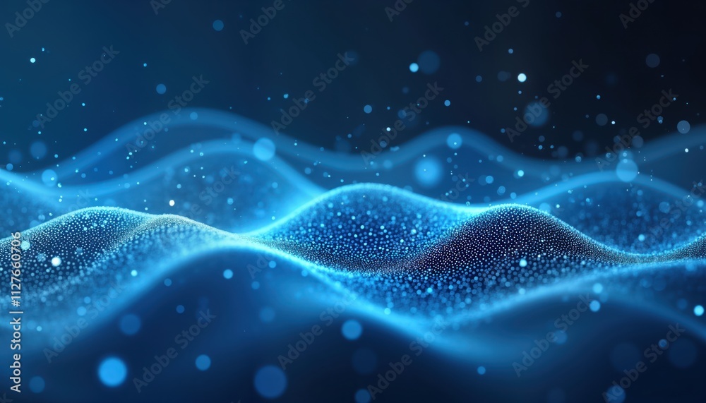 Poster Abstract illustration shows glowing blue network structure. Waves of connected particles form digital pattern. Integrated tech design evokes futuristic concepts. Abstract geometric pattern represents