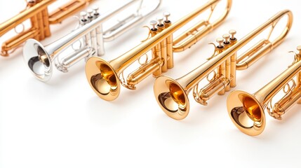 Obraz premium Trumpet close-up, vibrant golden details, white isolated background