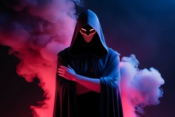 futuristic character illuminated by neon lights in a smoky digital world for use in advertising related to technology or virtual reality