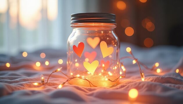 Glowing hearts in jar with fairy lights. Soft glow in dim room. Cozy romantic atmosphere. Decorative jar with fairy lights. Warm light fills room. Paper hearts in glass jar. Romantic and warm setting.