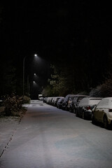 A quiet, snow-covered street at night, lined with parked cars dusted in snow. Streetlights cast a cold, dim glow, while trees and bushes flank the road, adding to the serene winter scene.