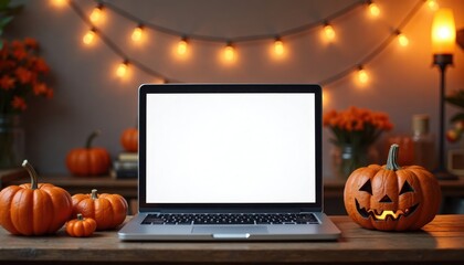 Laptop with blank screen, pumpkins. Halloween Thanksgiving decor. Online shopping mockup. Empty display for autumnal digital ads. Cozy home office setting. Blank space for website design. Digital