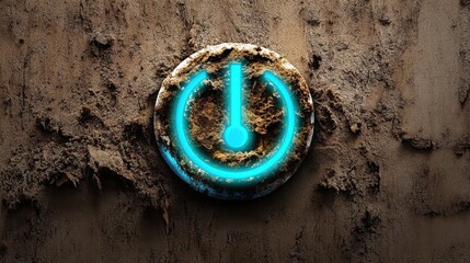 A glowing power symbol encased in dirt, set against a textured background, symbolizes technology or rebooting, Ideal for themes of restoration, innovation, or the digital transformation process,