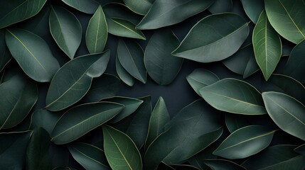 Obraz premium Dark green leaves flat lay background.