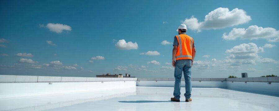 Roofer in safety vest stands on reflective roof. Commercial building roof with a new reflective coating. Sunny day with clouds. Energy-efficient roofing installation. Pro worker. Construction site.